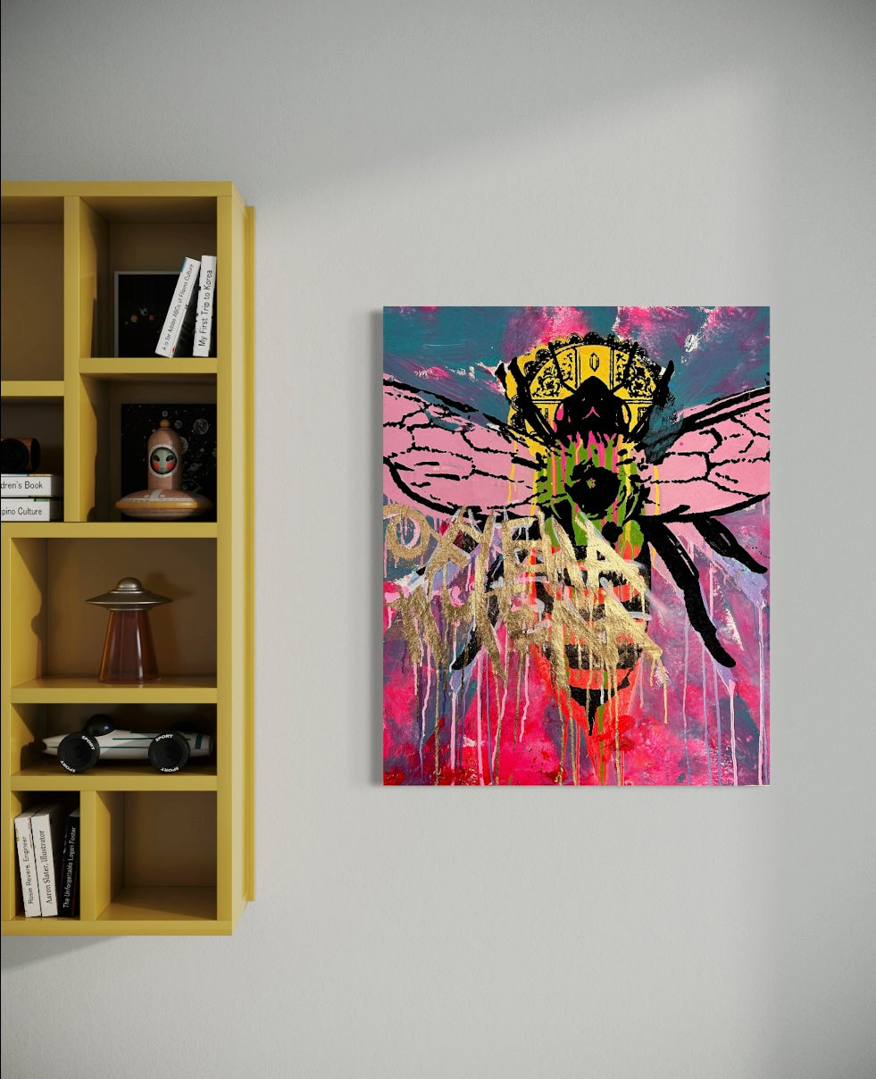 Original Denis Ouch pop art painting titled Awesome Bee 2, featuring a vibrant, stylized bee with signature pink wings and street-art-inspired paint drips on canvas. This authentic, signed contemporary pop art piece measures 31" x 26" and is perfect for modern home decor, gallery walls, or collectors of high-end urban illustrative art.