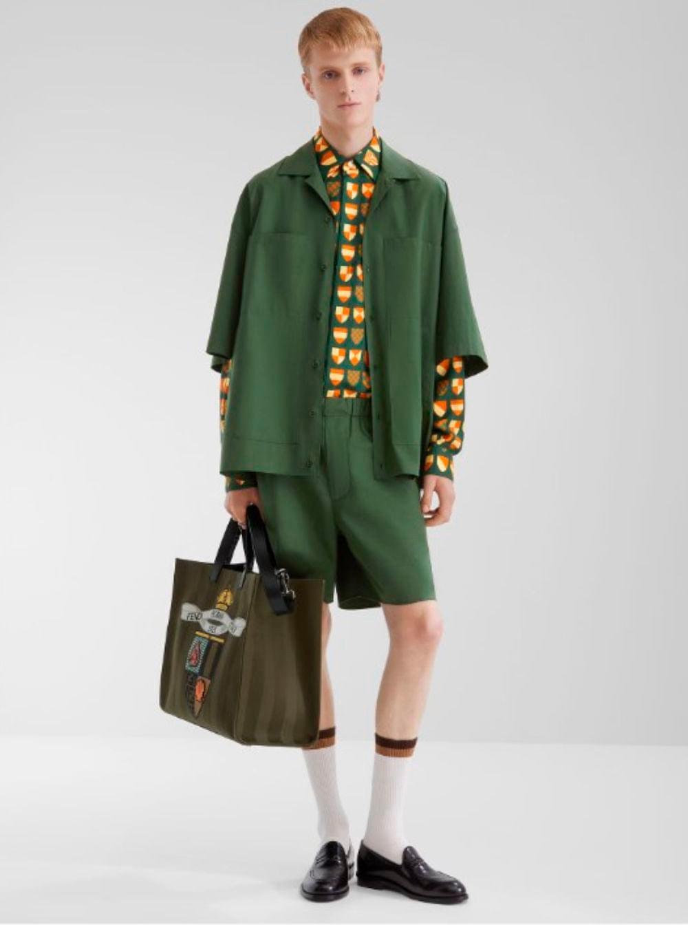 Fendi Men Green Shopper With Vertical Stripes Motif And Fendi Club Patch On The Front In Canvas Man