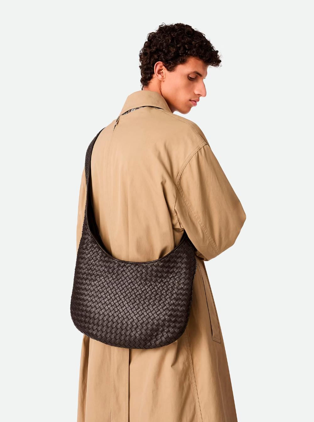 Bottega Veneta Men Brown Crossbody Bag With Top Zip Closure And Intreccio Motif In Leather For Men