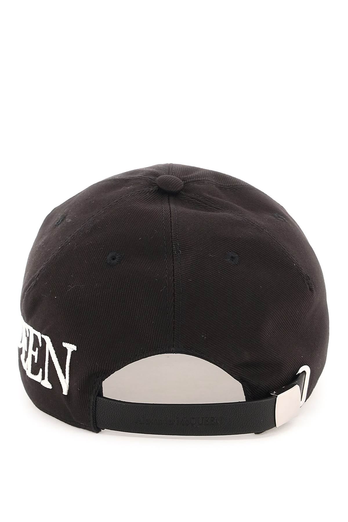 Black cap with white text on a white background