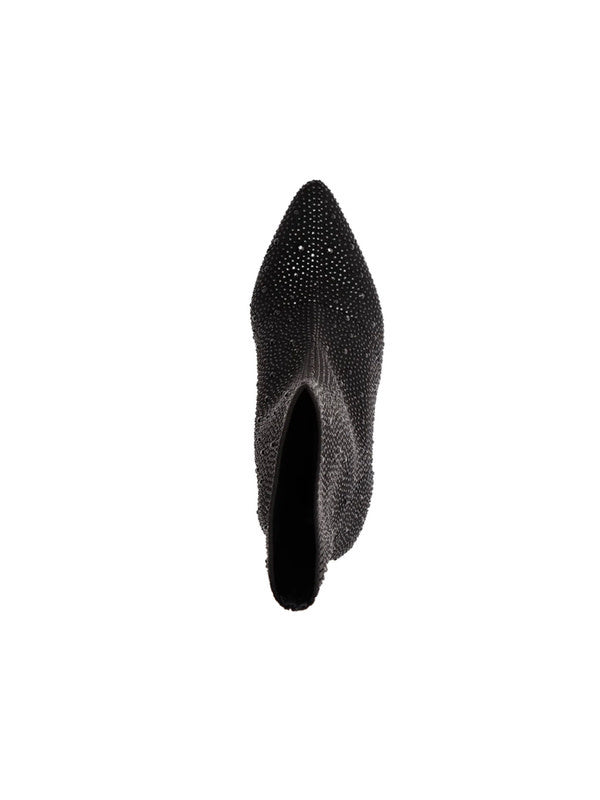 A single black pointed-toe ankle boot covered in small rhinestones, shown from a top-down view on a plain white background.