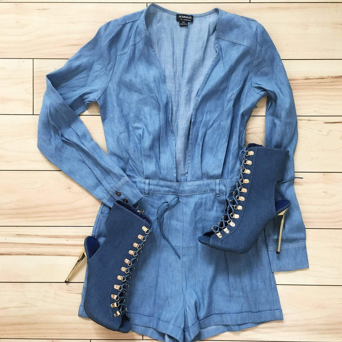 Denim V-Neck Romper *NO STRETCH*