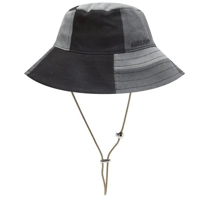 Bucket hat with black and gray pattern on a white background