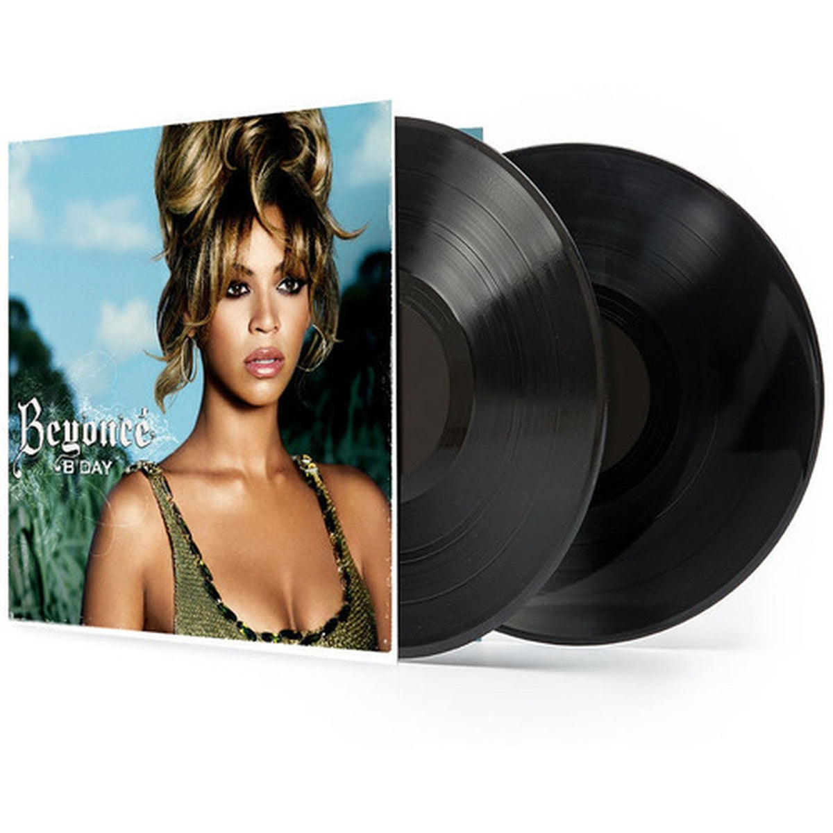 Beyonce '45 Day' vinyl record album with the illustrated outer sleeve visible on the left and two black LP records partially pulled from the inner sleeve on the right, shown on a white background.