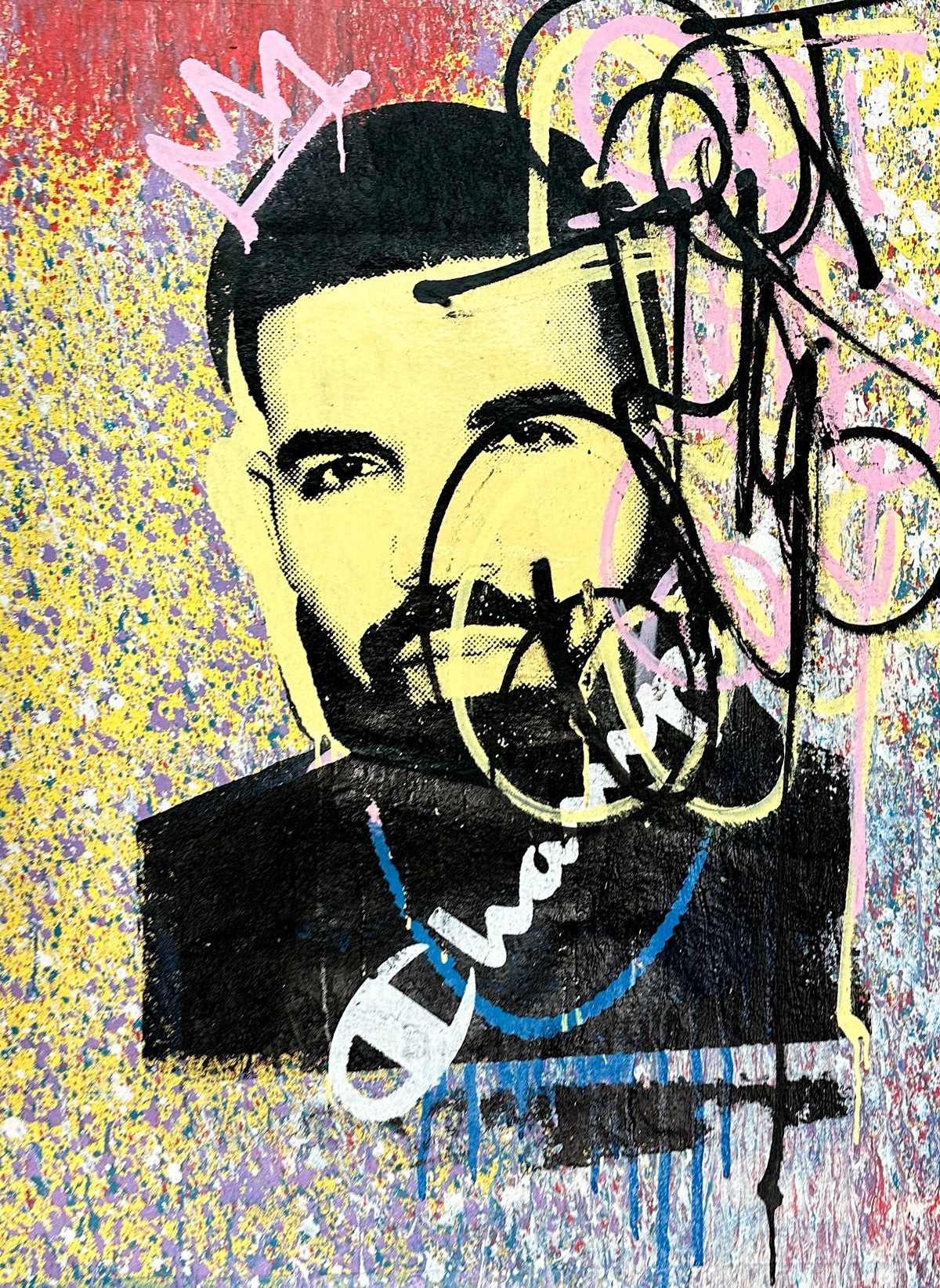 Original Denis Ouch pop-art canvas print featuring Drake in a vibrant, graffiti-style portrait with a Champion logo, executed in silk screen and spray paint on a colorful, textured splatter background.