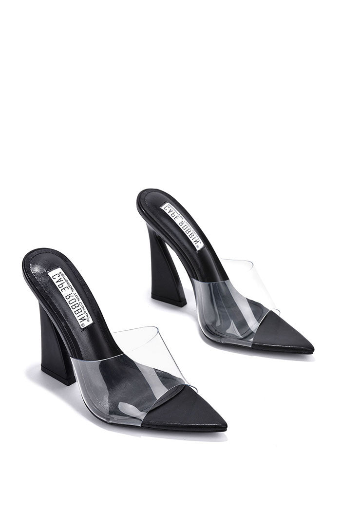 Black high-heeled shoes with clear transparent design on a white background