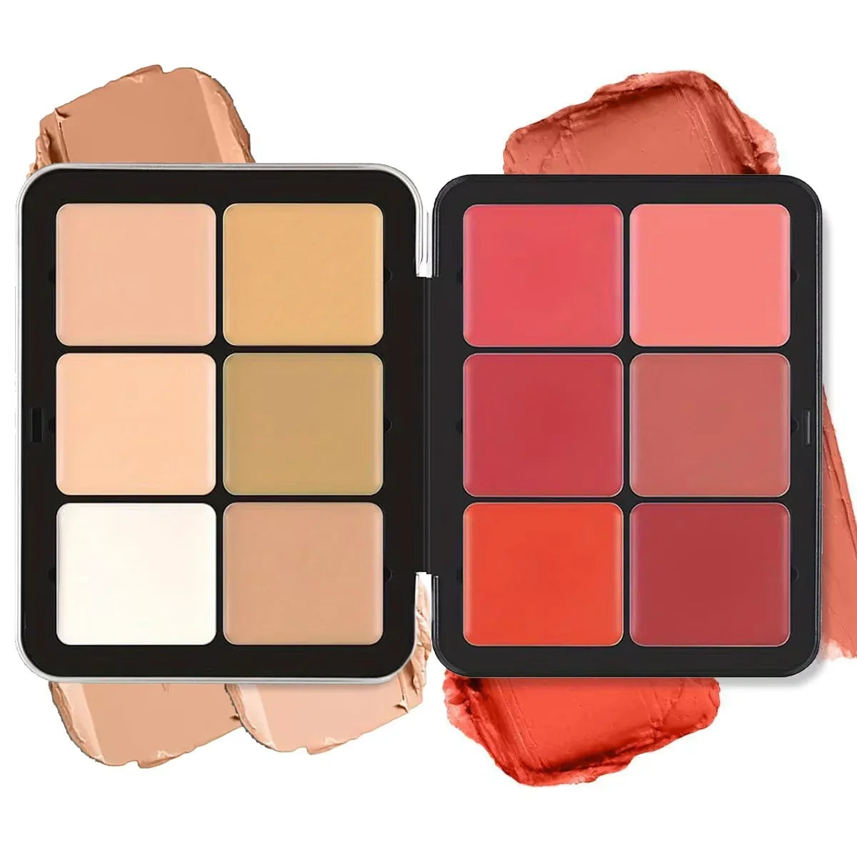 Makeup palette with beige, brown, and white shades on one side and red and orange shades on the other, with swatches below.