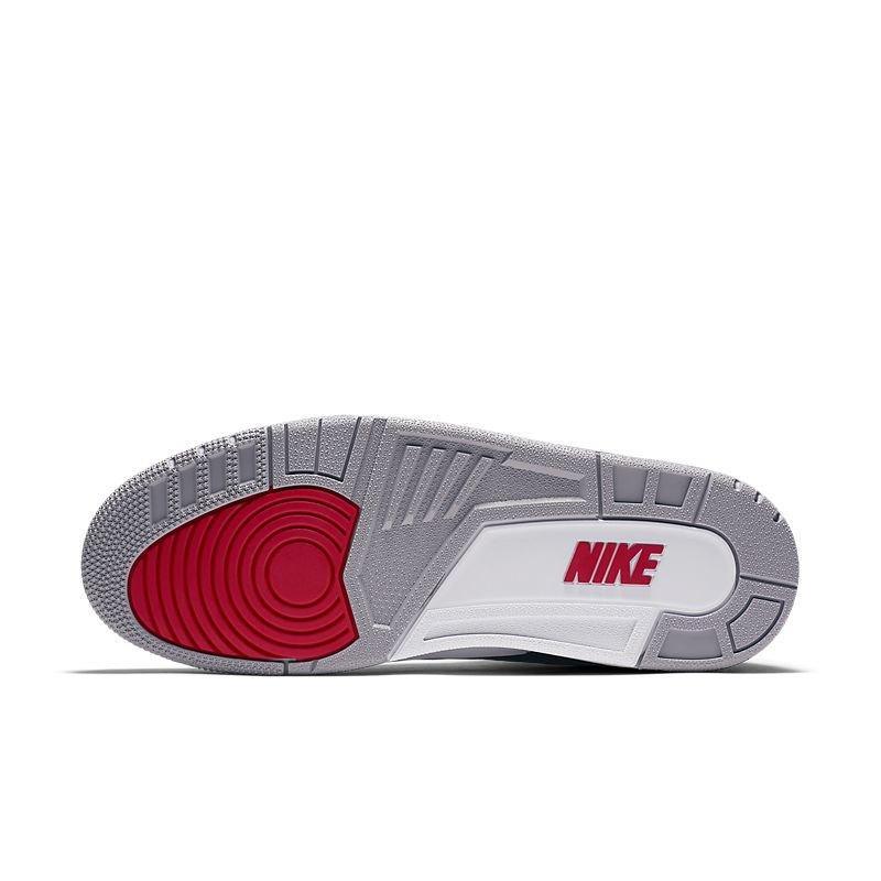 Gray and red Nike shoe sole on a white background Air Jordan 3 Retro 'Black Cement'