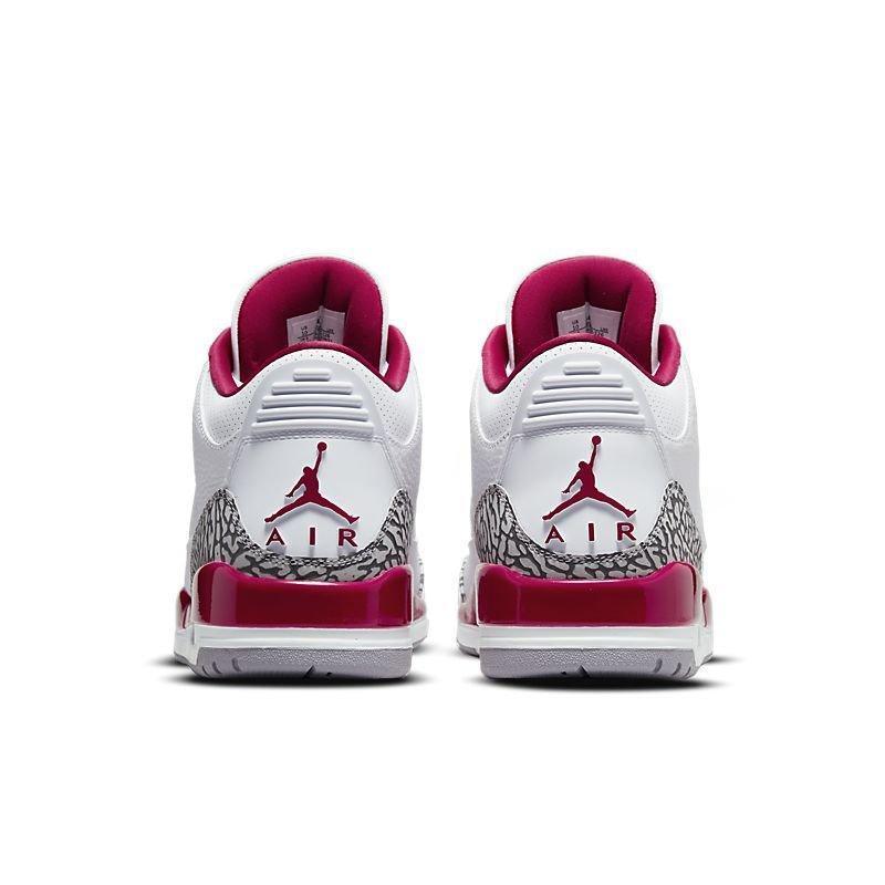 White Air Jordan 3 Retro 'Cardinal Red' sneakers with red and gray accents on a white background