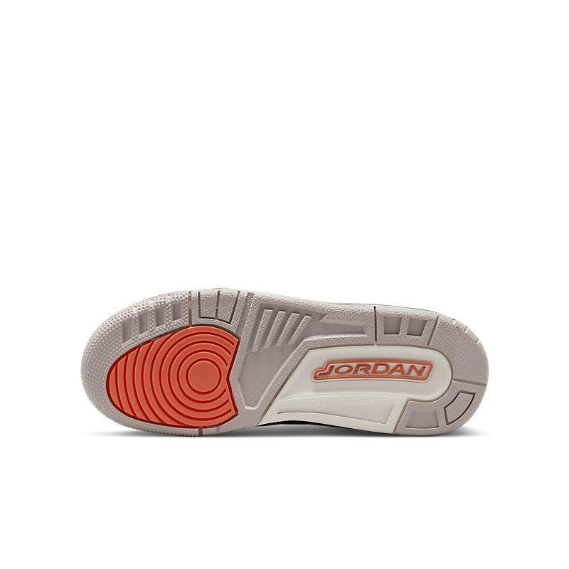 Sole of a Jordan Air Jordan 3 Retro 'Desert Elephant' sneaker with red sole and white sole