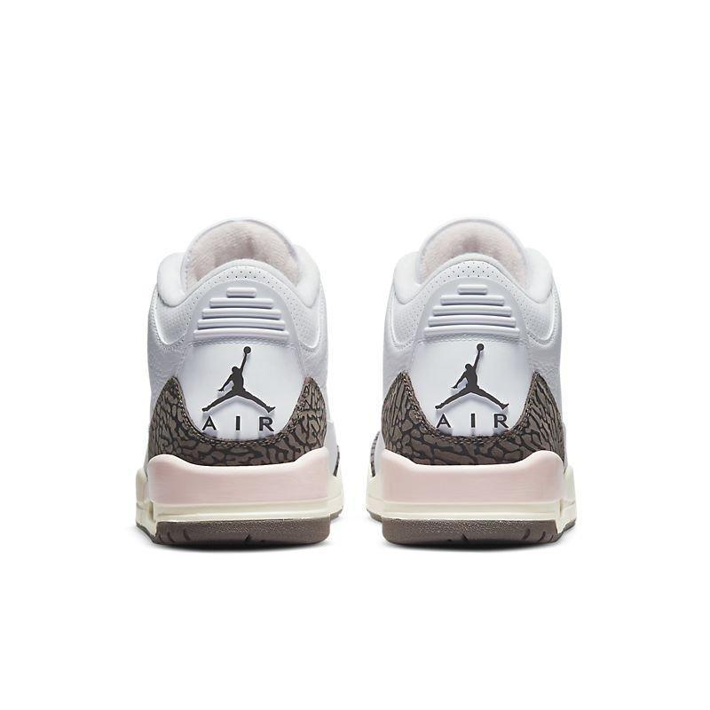 Pair of white Air Jordan 3 Retro 'Neapolitan Dark Mocha' sneakers with brown and pink accents on a white background