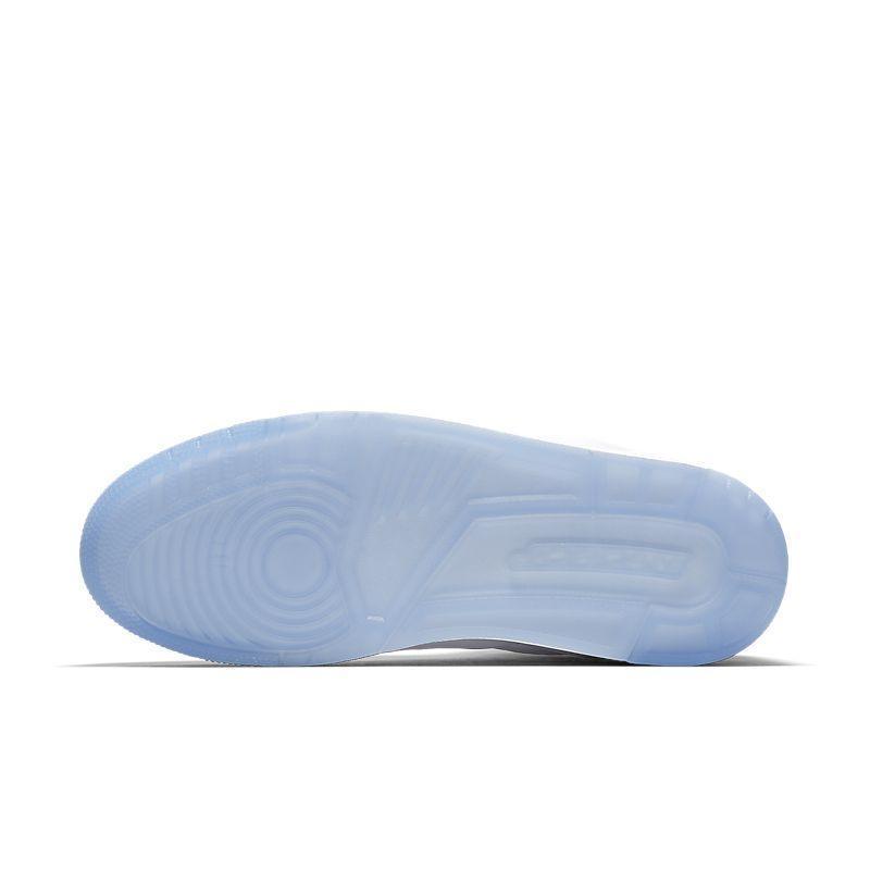 Close-up of a blue Air Jordan 3 Retro 'Pure White' shoe sole on a white background