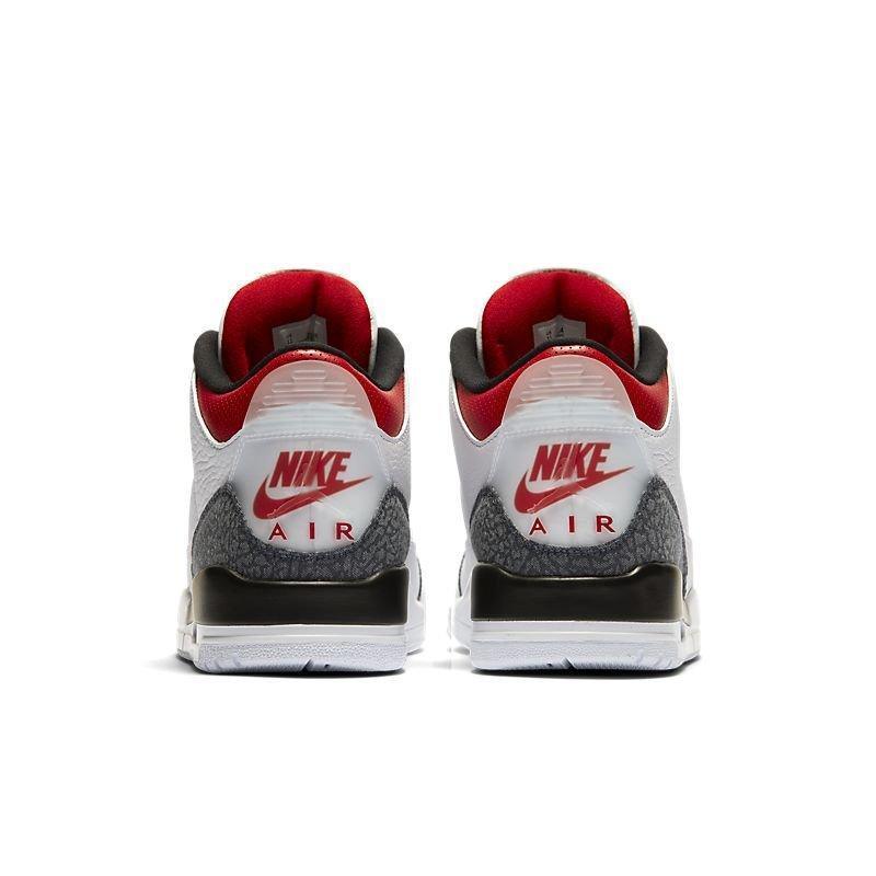 Pair of Nike Air Air Jordan 3 Retro 'SE Fire Red Denim' sneakers with red, white, and black design on a white background