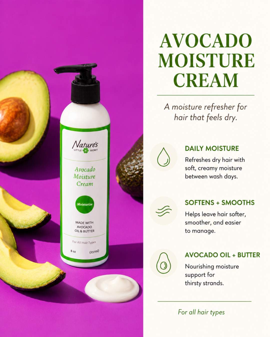Avocado Moisture Cream bottle with avocado slices on a purple background. AMC