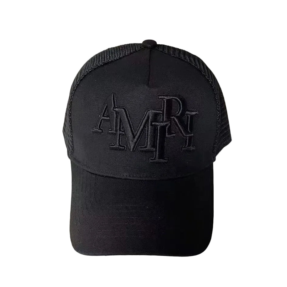 Black amiri cap with a logo on a light gray background