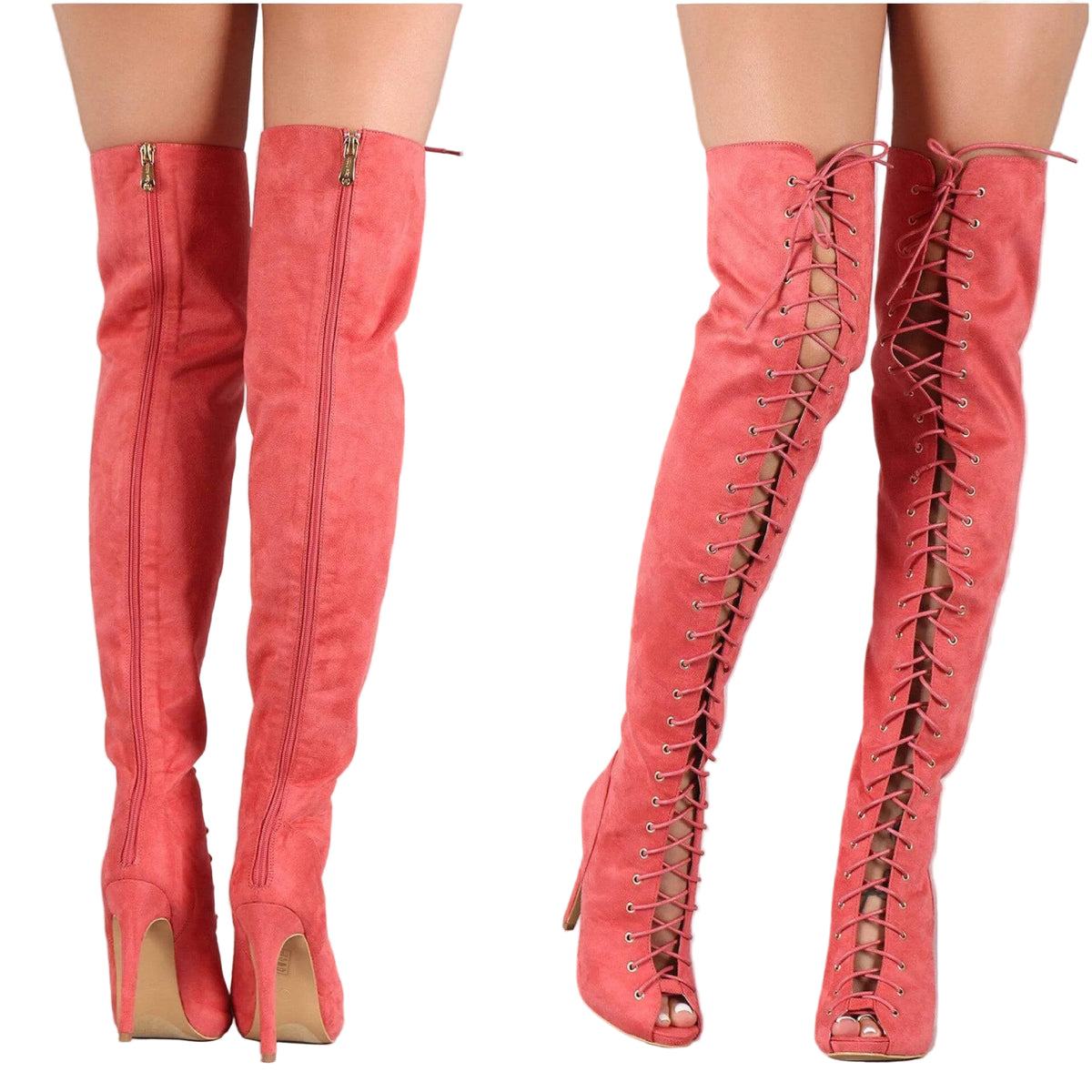 Coral suede over-the-knee boots with open toes and lace-up design on a plain background.