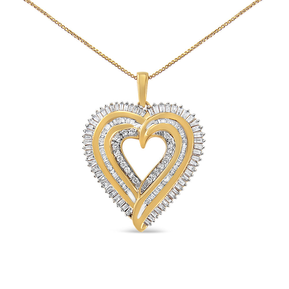 Gold heart-shaped pendant with diamonds on a white background. 1.50 CTW Natural Baguette & Round Diamond Heart Pendant Necklace in 14K Gold-Plated .925 Sterling Silver | 18" Fine Jewelry Gift for Her
