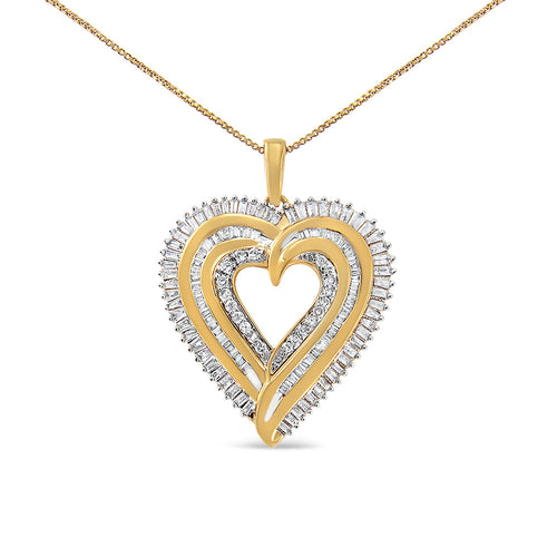 Gold heart-shaped pendant with diamonds on a white background. 1.50 CTW Natural Baguette & Round Diamond Heart Pendant Necklace in 14K Gold-Plated .925 Sterling Silver | 18" Fine Jewelry Gift for Her