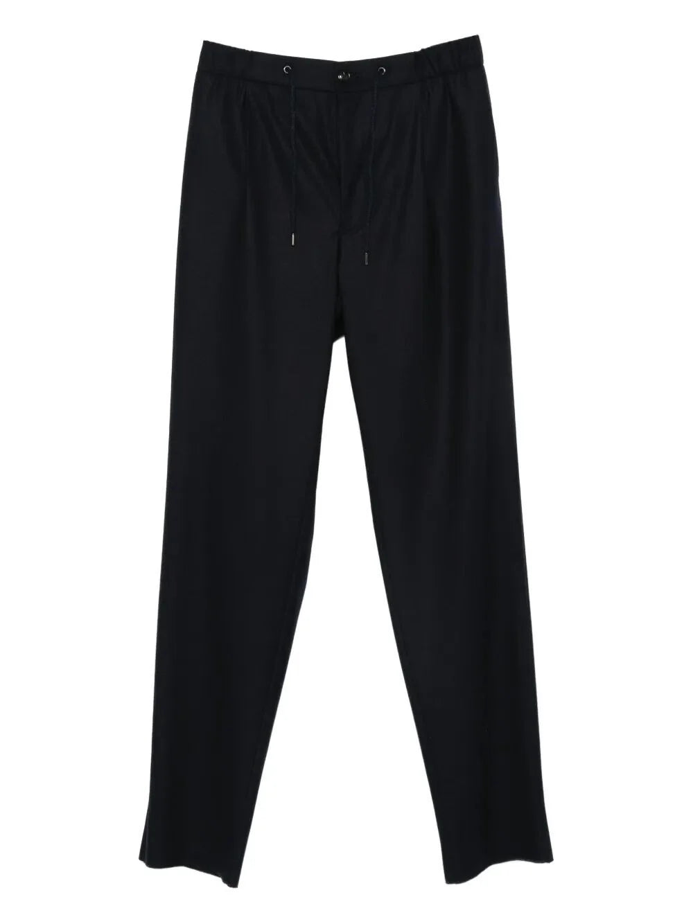 Black wide-leg trousers with an elastic waistband and drawstring, shown flat against a white background.