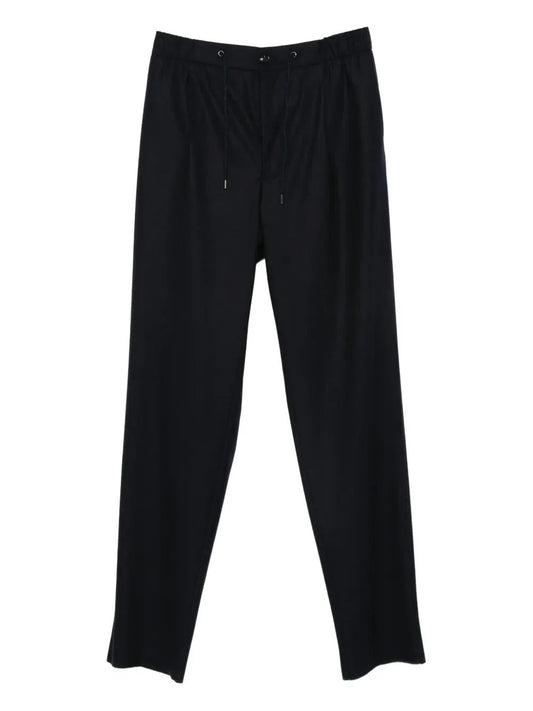 Black wide-leg trousers with an elastic waistband and drawstring, shown flat against a white background.