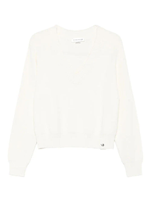 Victoria Beckham Women Relaxed Fit V-Neck Cotton Blend Sweater