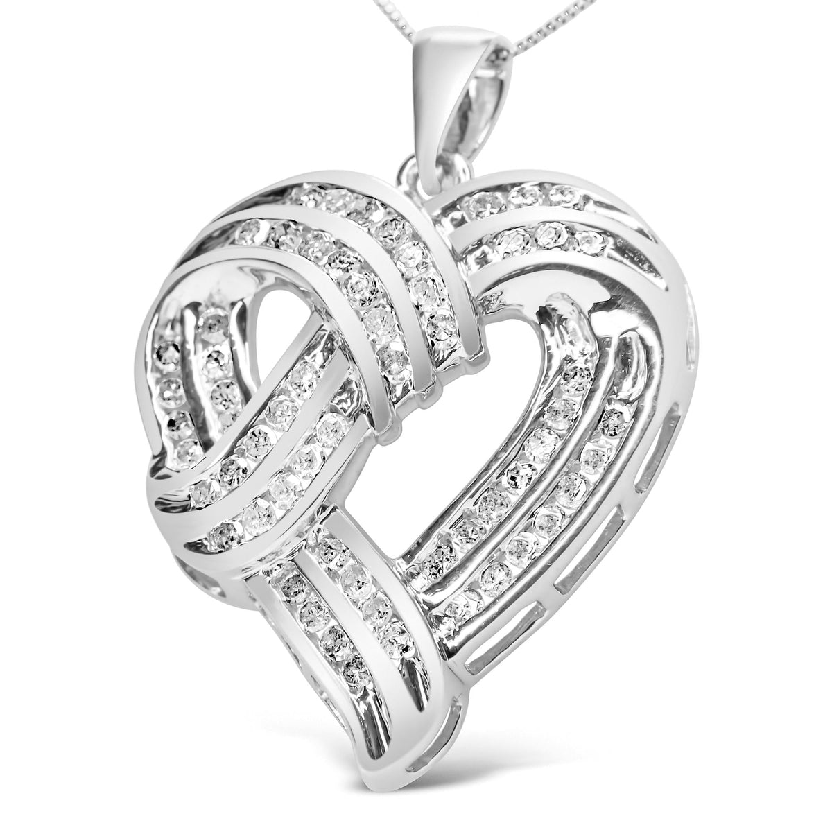 Silver heart-shaped pendant with embedded stones on a white background Luxury Fine Jewelry • Natural Diamonds • Sterling Silver • Romantic Gift Collection
