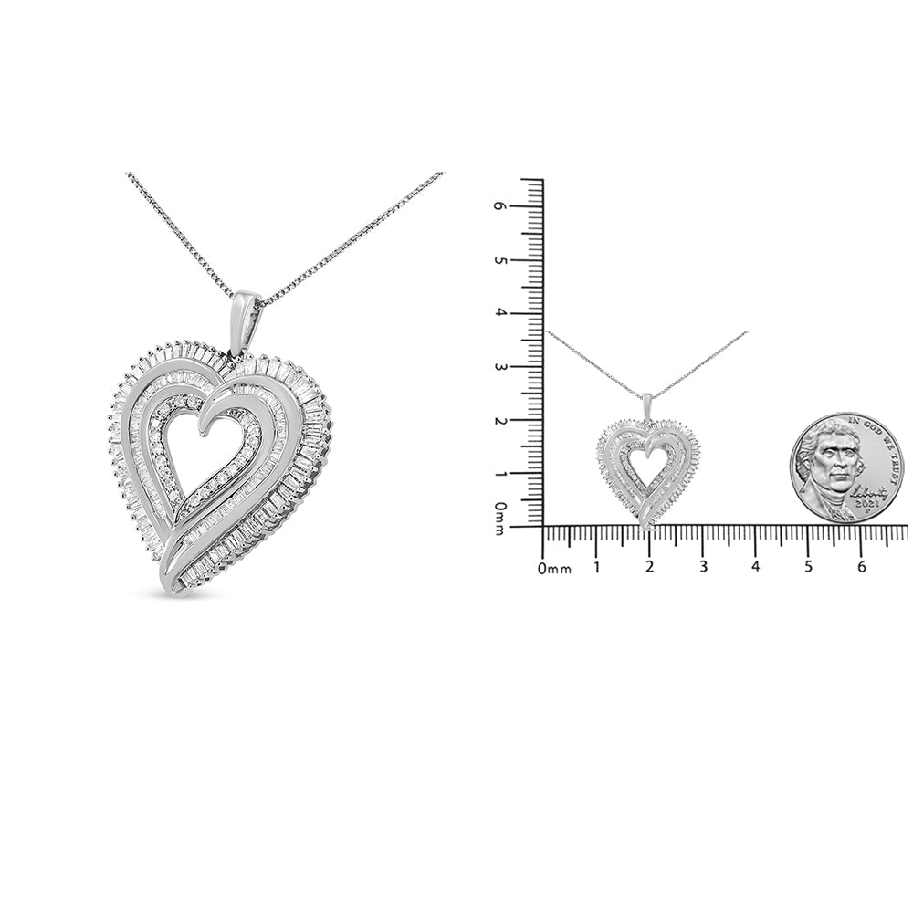 Silver heart-shaped pendant with chain and measurement scale on a white background