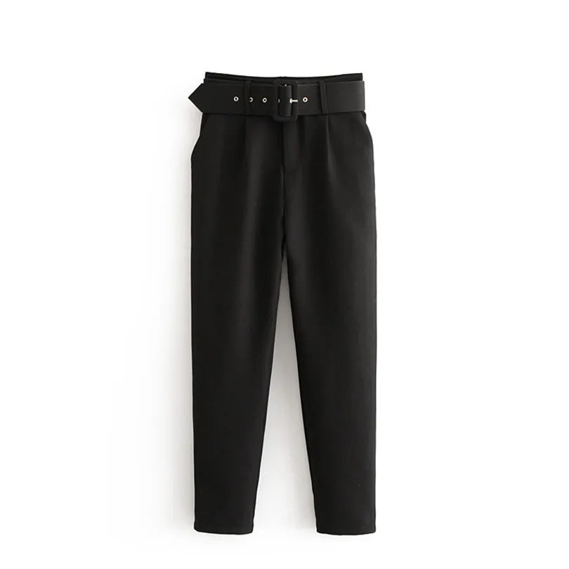 Black pants with a belt on a white background