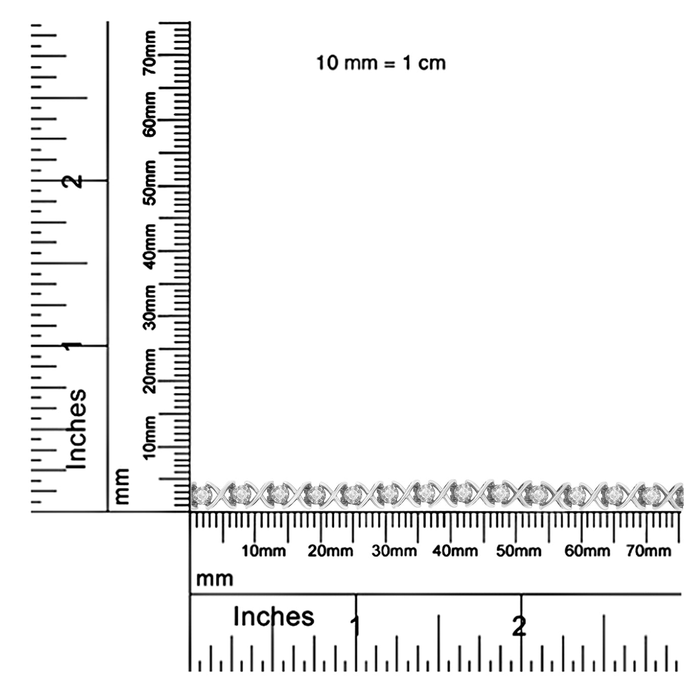 Ruler with dual measurement scales in millimeters and inches on a white background