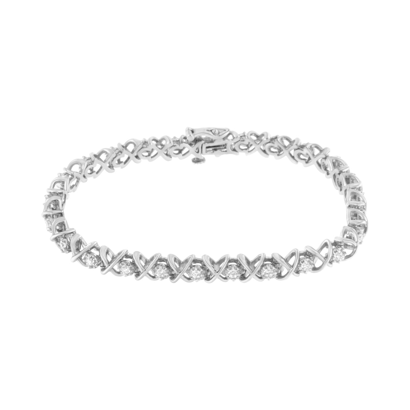 Silver bracelet with interlocking design on a white background
