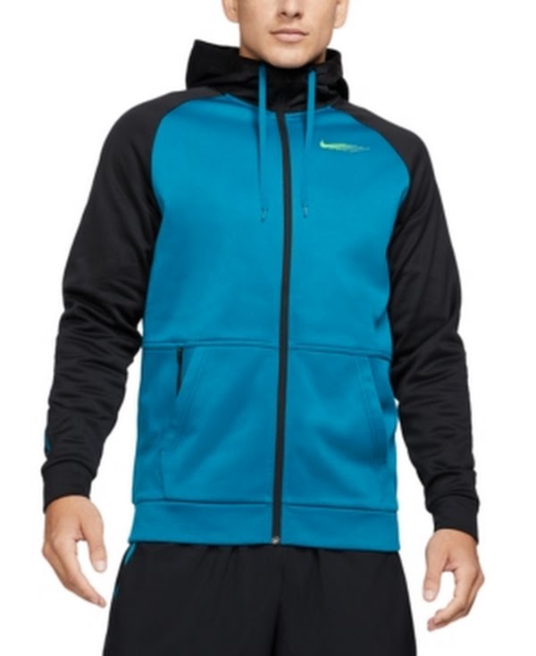 Blue and black hoodie with a visible brand logo on a white background