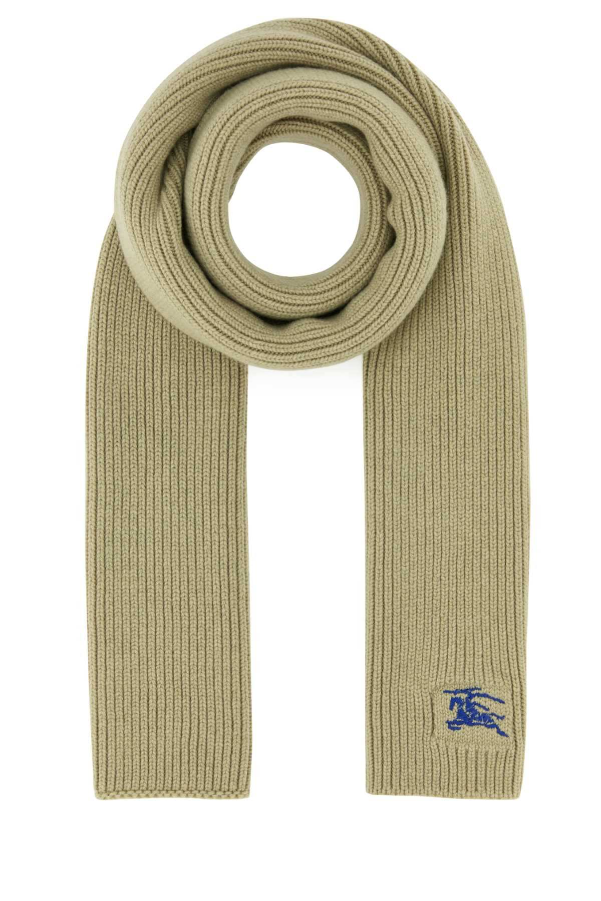 Beige scarf with a blue logo on a white background