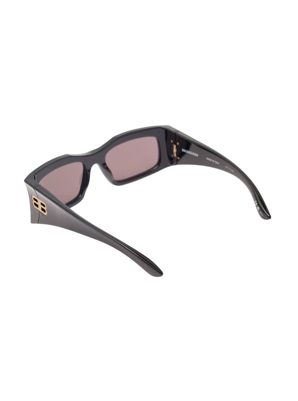 Elevate your style with these chic Balenciaga rectangular sunglasses, featuring a sleek black acetate frame, elegant gold-tone hardware, and subtle pink-tinted lenses, displayed against a clean white background.