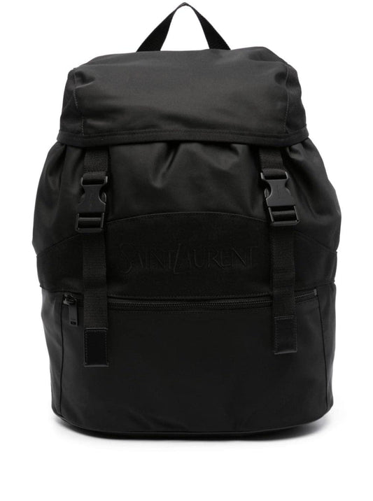 Saint Laurent Men Black Backpack With Tonal Logo Lettering Embroidery In Recycled Nylon Man