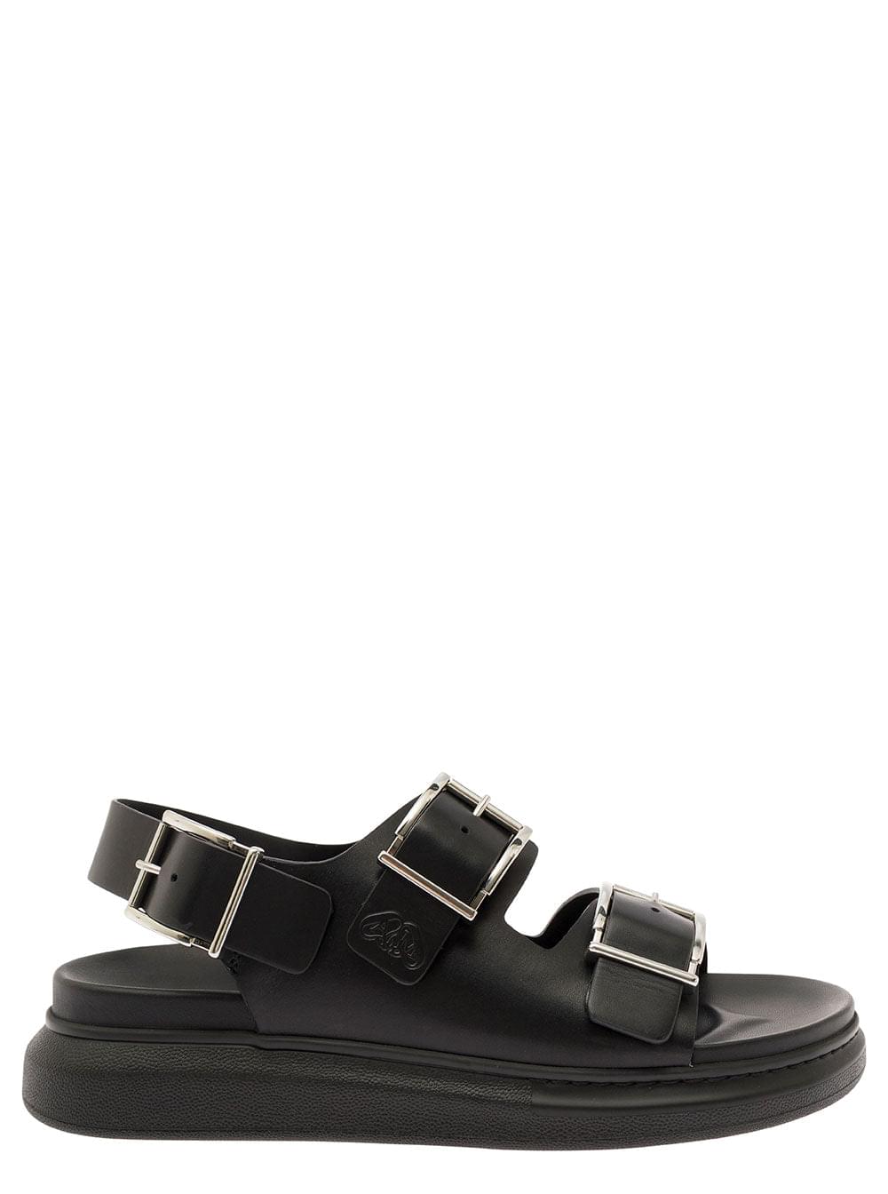 Alexander Mcqueen Men Black Slide Sandals With Embossed Logo In Leather Man