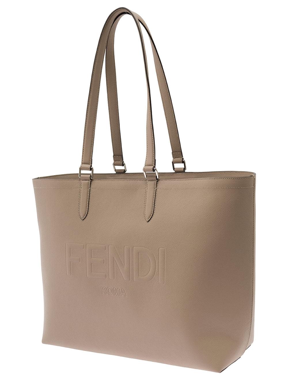 Fendi Men Beige Tote Bag With Embossed Logo In Leather Man