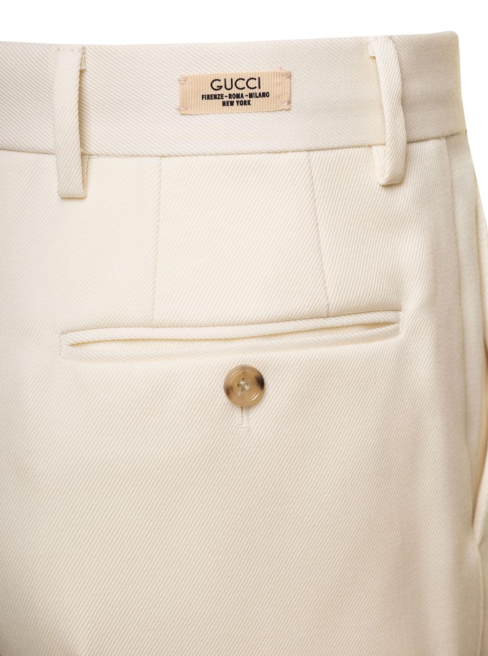Gucci Men White Straight-Leg Pants With Gucci Cities Patch In Wool Man
