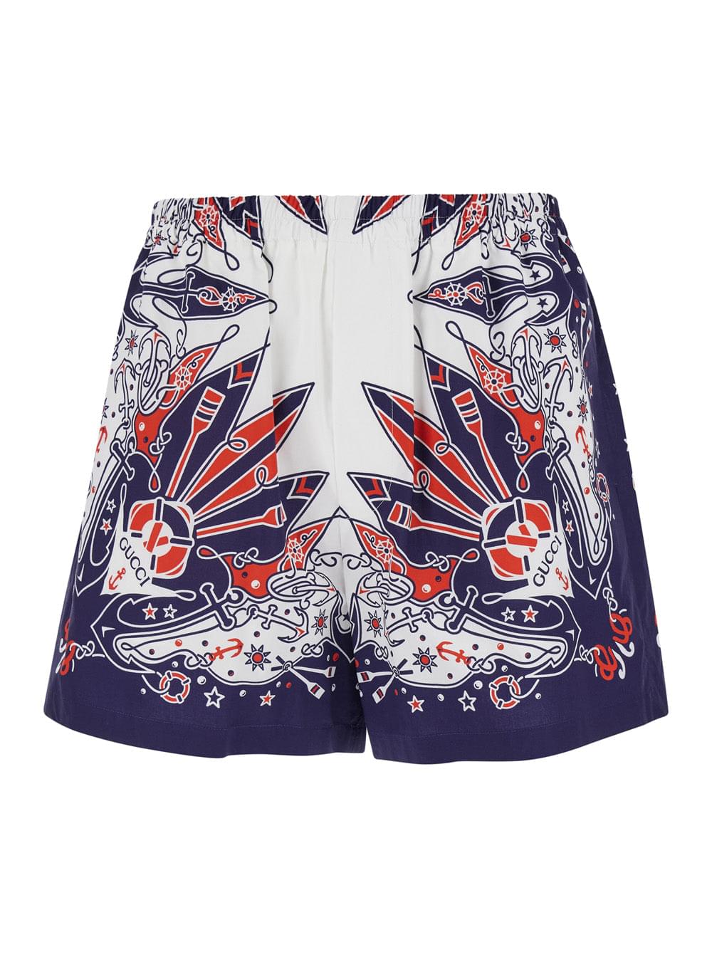 Gucci Men Blue Shorts With Gucci Bandana Print In Cotton Man