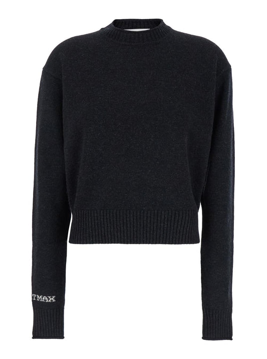 Sportmax Women 'Agadir' Black Crewneck Sweater With Logo Lettering On The Sleeve In Wool And Cashmere Woman