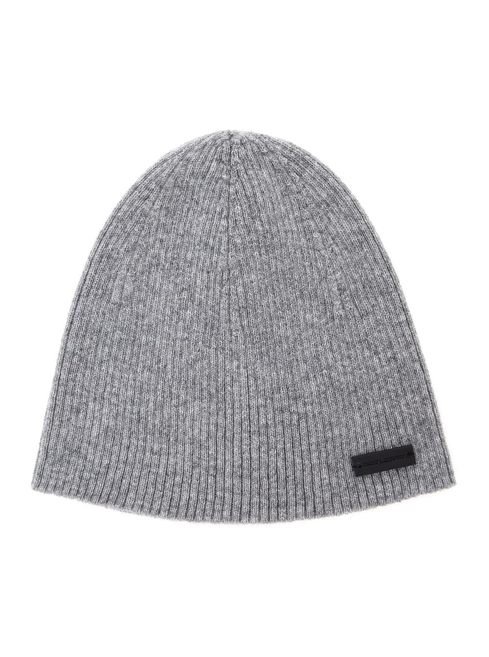Saint Laurent men's grey cashmere beanie featuring a black logo patch on the front, showcased against a clean white background.