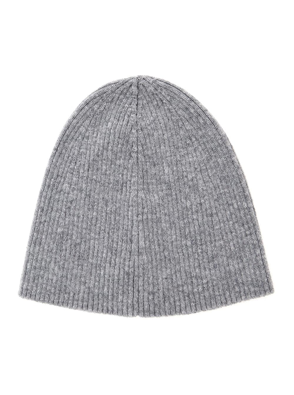Saint Laurent grey cashmere ribbed knit beanie with front logo patch displayed on a white background.