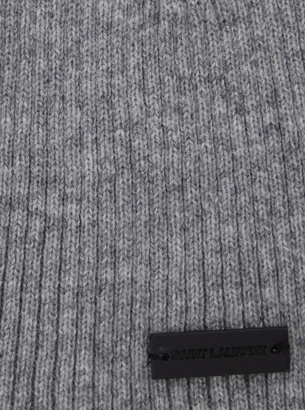 Gray ribbed cashmere beanie featuring the iconic Saint Laurent logo patch on the front.