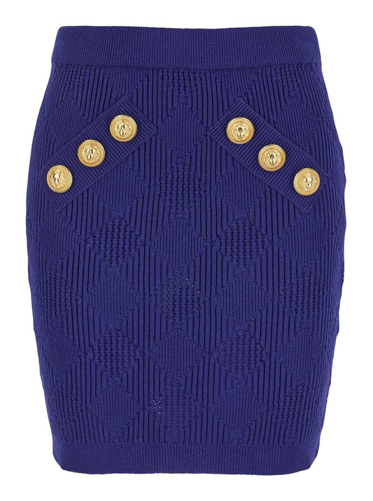 Balmain Women Blue Mini Skirt With Jewel Buttons In Viscose Blend Woman