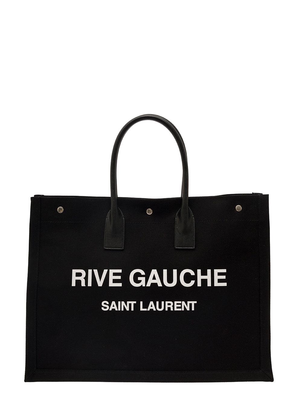 Saint Laurent Rive Gauche black cotton tote bag with white logo print featuring leather handles and interior zip pocket.