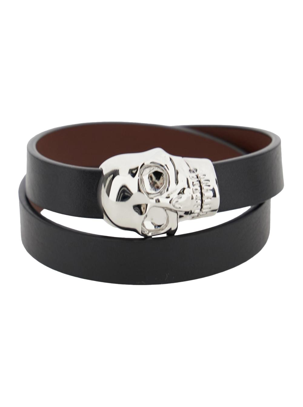 Alexander Mcqueen Men Black Bracelet With Skull Detail In Brass And Leather Man