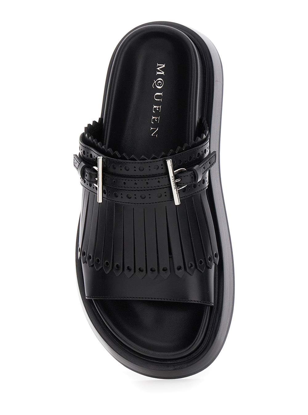 Alexander Mcqueen Women Black Sandals With Brogue T-Buckle Decorative Strap In Leather Woman