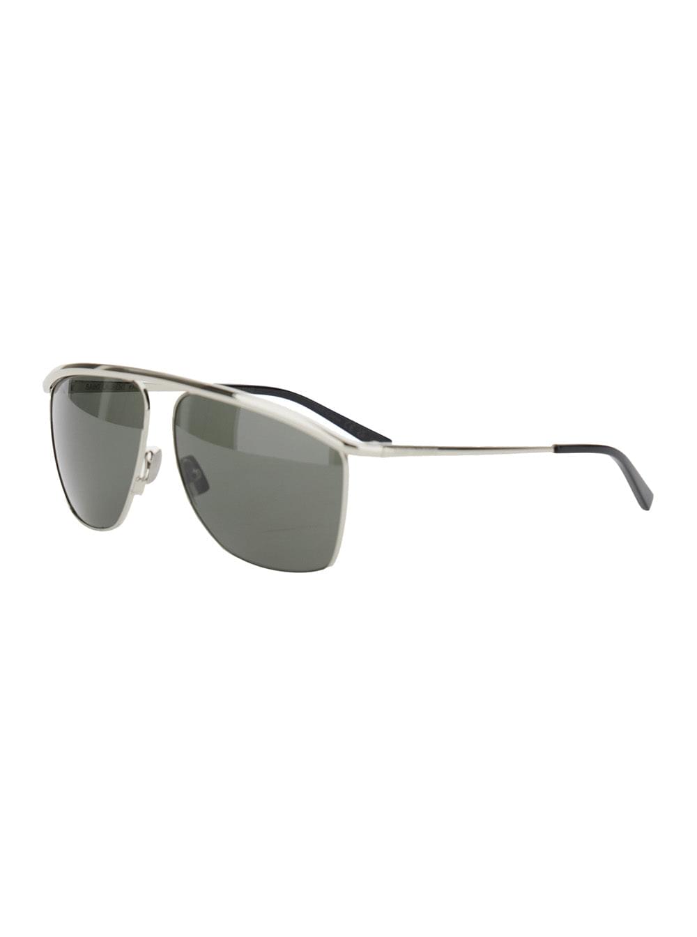 Saint Laurent SL 820 metallic aviator sunglasses featuring a sleek curved top bar, dark lenses, and a thin metal frame, displayed at an angle against a white background.