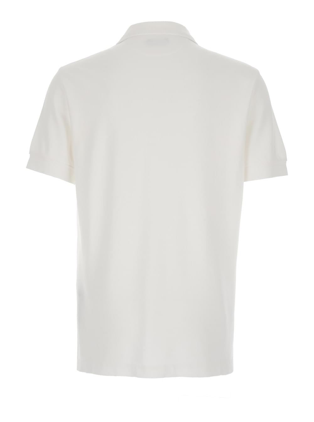 Tom Ford white cotton-blend polo shirt with classic collar, short sleeves, and front button closure, displayed on a clean white background.