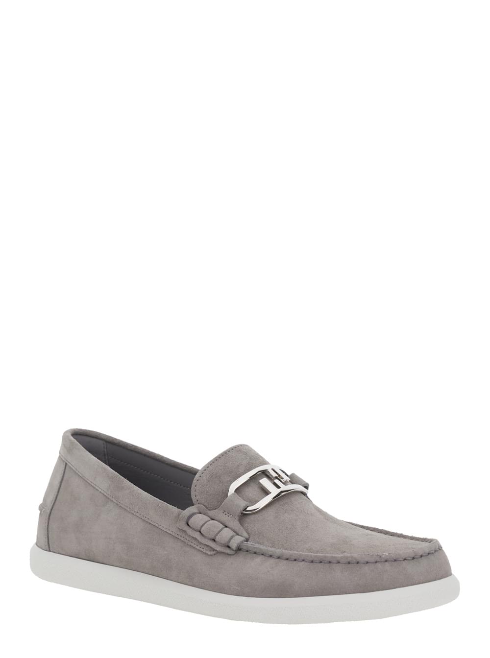 Fendi Men Grey Loafers With Ff Metal Buckle And Contrasting Sole In Suede Man