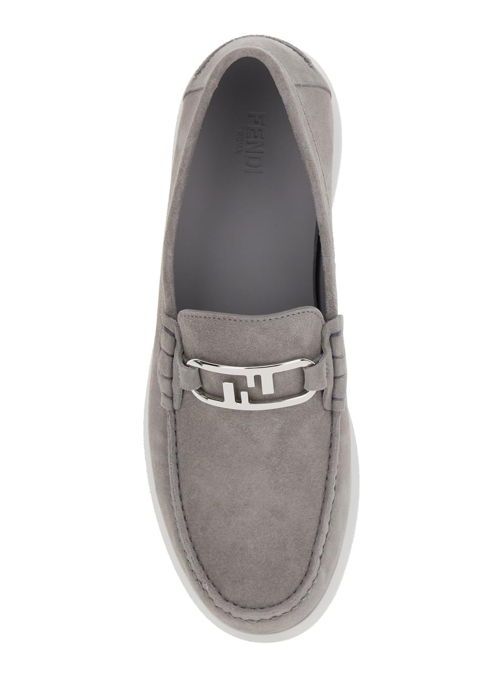 Fendi Men Grey Loafers With Ff Metal Buckle And Contrasting Sole In Suede Man